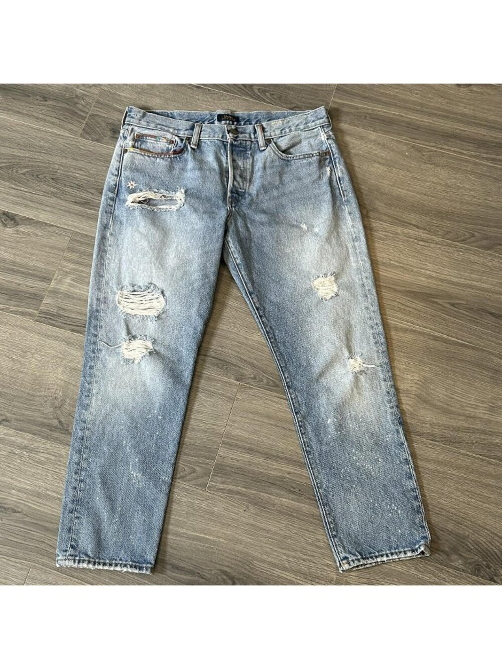 Polo Ralph Lauren Jeans Womens 29R Fits 32 Blue Light Wash Mom Distressed Heart
